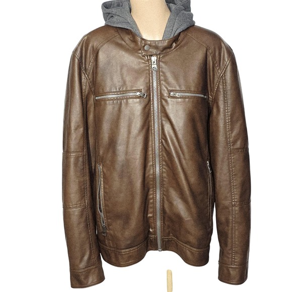 Guess Jacket Mens XL Faux Leather Hooded Moto Bikercore Full Zip Y2K Preppy - Picture 1 of 13